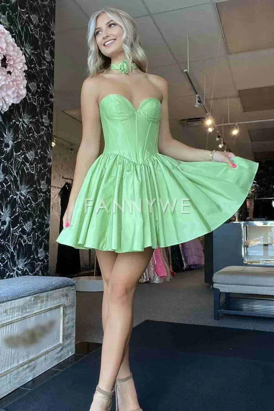 FannyWe Simple Light Green Strapless Satin Homecoming Dress with Flower formal wear dresses